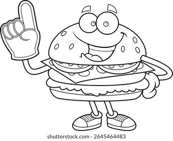 Smiling Burger Cartoon Character Holding Foam Finger – Black and White Vector Hand Drawn Illustration Isolated On Transparent Background