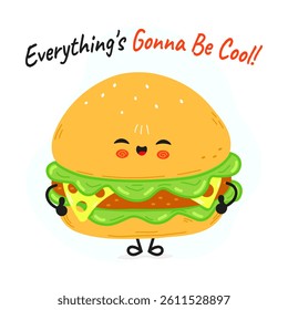 A smiling Burger character gives a thumbs up, conveying a message of positivity and happiness.
