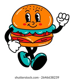 A smiling burger character moves energetically in a fun and cheerful dance, radiating joy, creativity, and happiness in a playful scene.