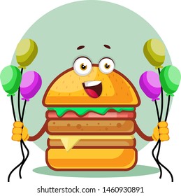 Smiling burger is holding balloons, illustration, vector on white background.