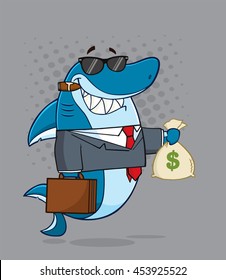 Smiling Business Boss Shark Cartoon Mascot Character In Suit, Carrying A Briefcase And Holding A Money Bag. Vector Illustration With Gray Halftone Background