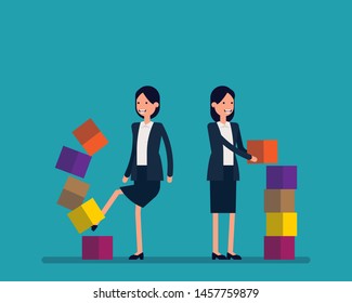 Smiling business building and breaking. Vector illustration business concept, Achievement, Successful, Falling, Happy flat business cartoon design.