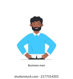 Smiling business character. Bearded man in stylish office clothes. African American company employee, leader or entrepreneur. Successful character. Cartoon flat vector illustration in doodle style