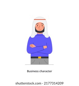 Smiling business character. Happy male entrepreneur in traditional Arab headdress. Boss, manager or company leader. Employees of different nations. Cartoon flat vector illustration in doodle style