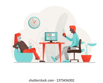 Smiling business colleagues drinking coffee and talking. Coffee time, break and relaxation vector concept. Modern design style. Flat design