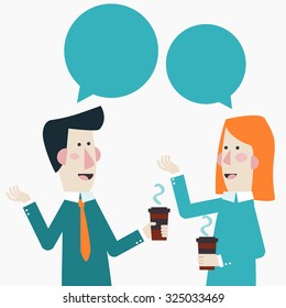Smiling business colleagues drinking coffee and talking. Coffee time, break and relaxation vector concept. Modern design style