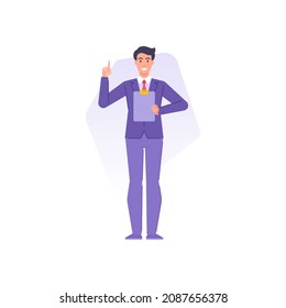 Smiling business male speaker holding clipboard with forefinger pointer public performance report vector flat illustration. Happy office employee politician lecture seminar talking agitation isolated