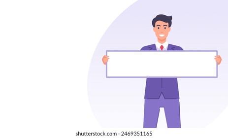 Smiling business man with blank board information message banner design template vector flat illustration. Cartoon businessman showing advertising rectangle signboard billboard promo copy space