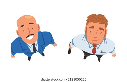 Smiling Business Man Character Looking Up Above View Vector Set