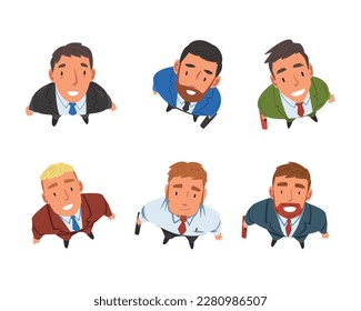 Smiling Business Man Character Looking Up Above View Vector Set