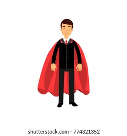 Smiling business man in classic black suit with red tie and superhero mantle. Successful office worker. Male character in confident pose. Flat vector illustration