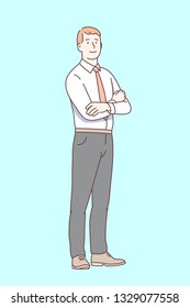 Smiling business man entrepreneur standing with arms crossed. Successful confident businessman wearing white shirt & tie, relaxing, having break. Executive manager. Flat line vector illustration