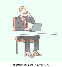 Smiling business man entrepreneur talking on mobile phone working typing on office laptop computer. Successful businessman sitting at desk. Executive manager workplace. Flat line vector illustration