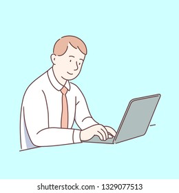 Smiling business man entrepreneur working on laptop computer at office desk. Successful businessman typing on modern laptop computer. White collar occupation workplace. Flat line vector illustration