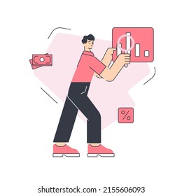 Smiling business man financial analyzing graph diagram with magnifying glass vector flat illustration. Male employee chart finance corporate strategy profit percentage economy management isolated