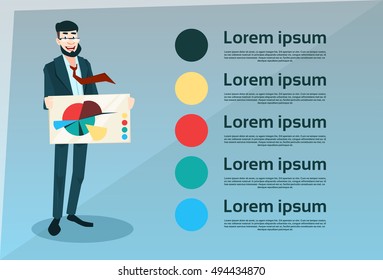 Smiling Business Man Hold Banner With Pie Diagram Flat Vector Illustration