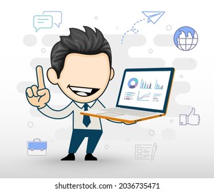 Smiling Business Man Holding Laptop Computer And Showing Pointing Finger Up. Technology Concept In Cartoon Style.