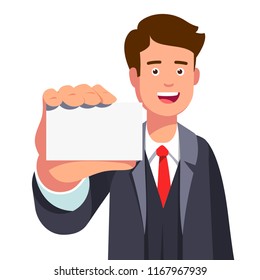 Smiling business man holding & showing blank business card with copy space. Happy successful company representative or agent introducing himself. Flat vector illustration isolated on white background