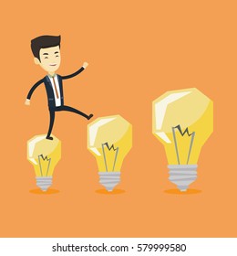 Smiling business man hopping onto idea light bulbs. Young asian business man jumping on idea light bulbs. Concept of successful business idea. Vector flat design illustration. Square layout.