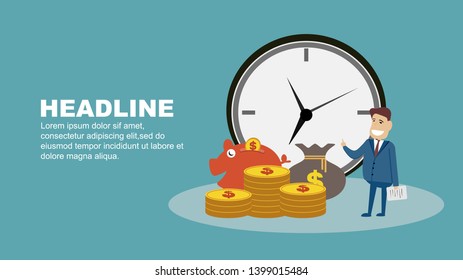 A smiling business man with an illustration of clocks, gold COINS, purses and piggy Banks