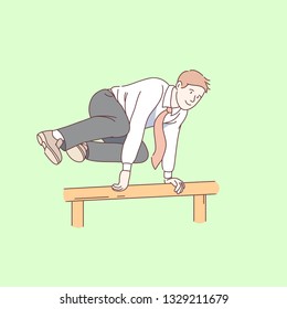 Smiling business man jumping over hurdle easily. Successful businessman hurdler overcoming obstacle. Career challenge, competition and skill concept. Flat thin line vector isolated illustration