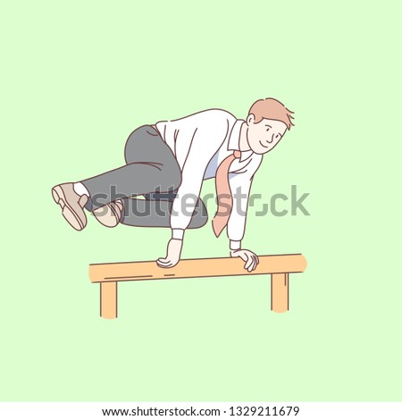 Smiling business man jumping over hurdle easily. Successful businessman hurdler overcoming obstacle. Career challenge, competition and skill concept. Flat thin line vector isolated illustration