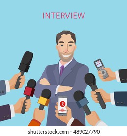 smiling business man and many hands with different sound recording tools