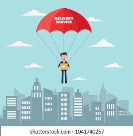 Smiling business man with parachute over city. Post letter, delivery service or e-mail vector concept