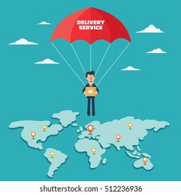 Smiling business man with parachute over world map. Delivery service vector concept