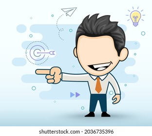 Un hombre de negocios sonriente apuntando en una dirección. Ilustración plana en estilo de dibujos animados