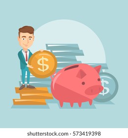 Smiling business man putting money in a big pink piggy bank. Young caucasian business man saving his money in piggy bank. Concept of saving money. Vector flat design illustration. Square layout.