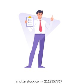 Smiling business man in red tie holding clipboard to list with checkmark pointing forefinger vector flat illustration. Happy successful management male boss with control exam tasks completed isolated