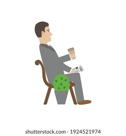 Smiling business man sitting on bench with coffee and newspaper flat vector illustration