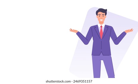 Smiling business man spreading hands showing presenting banner design template vector flat illustration. Cartoon businessman leader in suit pointing away copy space corporate presentation gesture