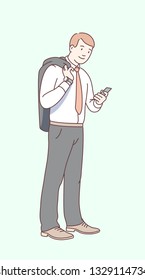 Smiling business man standing, holding suit jacket over shoulder using mobile phone. Successful businessman having break, browsing & communicating looking at smartphone. Flat line vector illustration