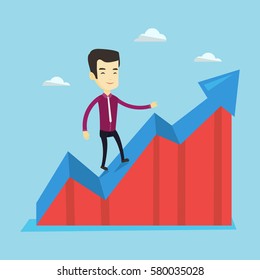 Smiling business man standing on profit chart. Asian successful business man running along the profit chart. Concept of business profit. Vector flat design illustration. Square layout.