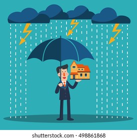 Smiling business man standing with umbrella under thunderstorm protecting house. Insurance, risk, crisis, financial problems, mortgages and banking service