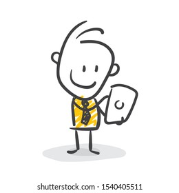 Smiling Business Man Stickman With Tablet In His Hand