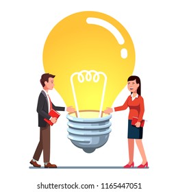 Smiling business man and woman offering hands for handshake over big innovation idea. Huge bright light bulb. Meeting sealing startup deal. Business idea partnership concept. Flat vector illustration