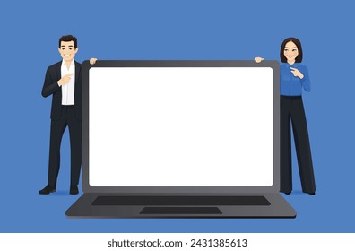 Smiling business man and woman standing behind laptop computer blank screen vector illustration on blue background