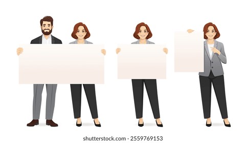 Smiling business mature man and woman holding the empty blank board. Isolated vector illustration set