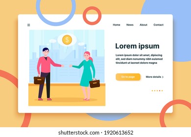 Smiling business partners thinking about financial deal. Handshake, contract, coin flat vector illustration. Partnership and marketing concept for banner, website design or landing web page