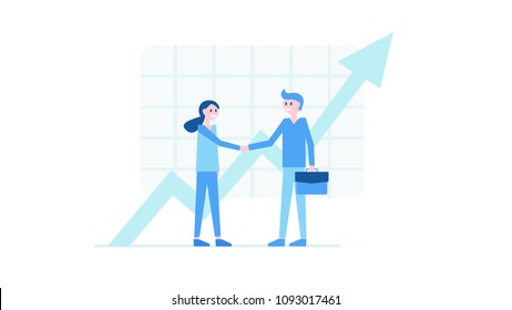 Smiling business people carrying briefcase with important papers handshaking and looking at faces of each other, raising blue pointer symbol of profit vector illustration