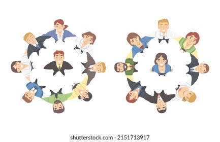 Smiling Business People Characters Embracing Arranging Circle Looking Up Above View Vector Illustration Set