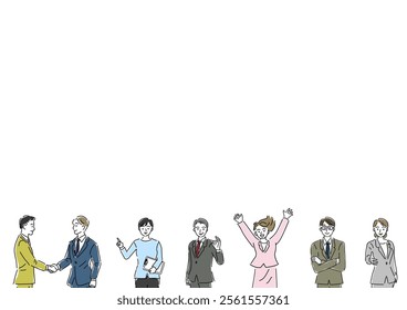 Smiling business people and copy space hand drawing vector illustration