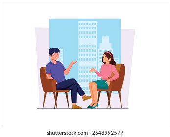 Smiling business people man and woman with smile Face Happy employees or colleagues talk discuss ideas. Vector illustration