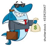 Smiling Business Shark Cartoon Mascot Character In Suit, Carrying A Briefcase And Holding A Money Bag. Vector Illustration Isolated On White Background