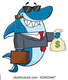 Smiling Business Shark Cartoon Mascot Character In Suit, Carrying A Briefcase And Holding A Money Bag. Vector Illustration Isolated On White Background