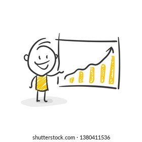 Smiling Business Stick Figure In Front Of A White Board With Diagramms And Arrow Vector 