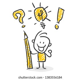 Smiling Business Stick Figure With Pencil in Hand And Question Mark Lightbulb And Exclamation Mark Vector